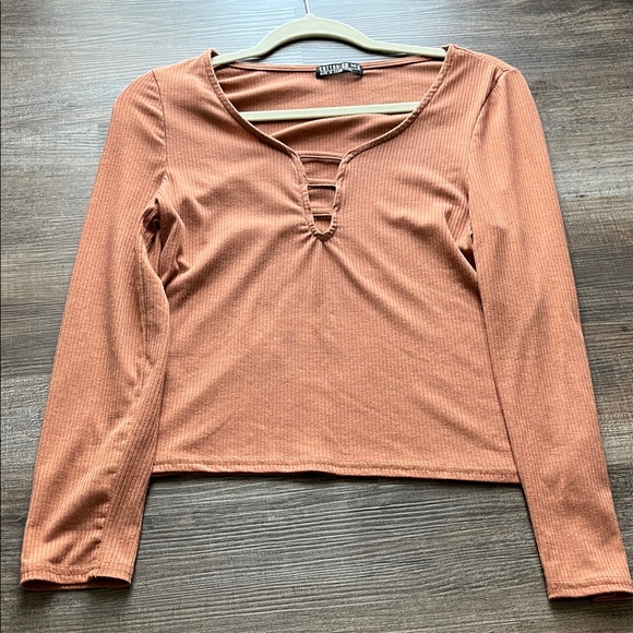 Cotton On Tops - Cotton On Rust Ribbed Long-Sleeve Top with Ladder Neck Detail